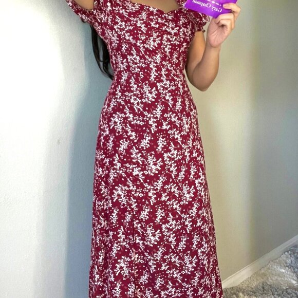 Burgundy Floral Midi Dress with side slit - Picture 7 of 11